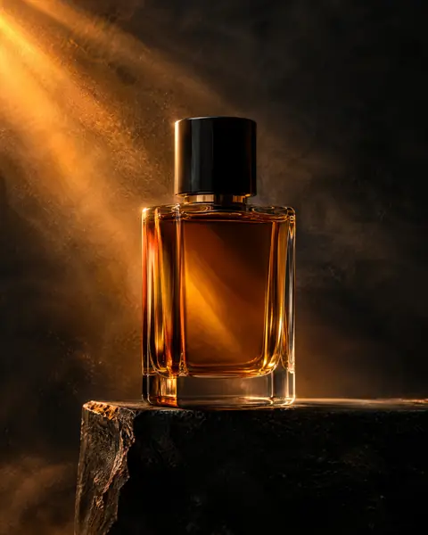 Voorbeeld, gemaakt met AI: een parfumflesje op een ruwe stenen sokkel, in warm strijklicht.