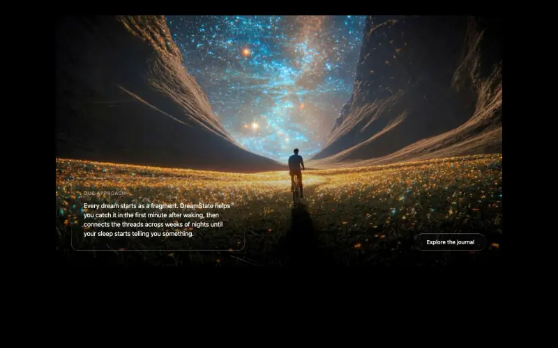DreamState: een tekstblok over een groot beeld van een figuur die een gloeiende vallei in loopt.