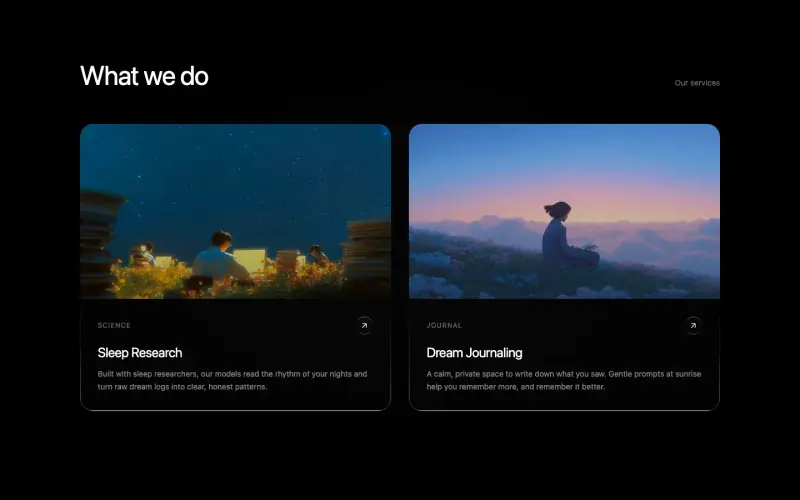 DreamState-sectie What we do: twee kaarten, Sleep Research en Dream Journaling.