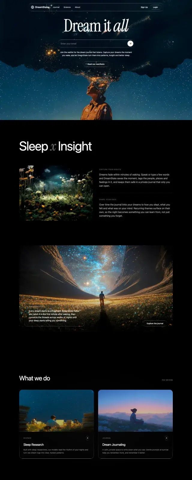 DreamState, a website concept we designed for our own made-up brand, scrolling from the hero to its sections.
